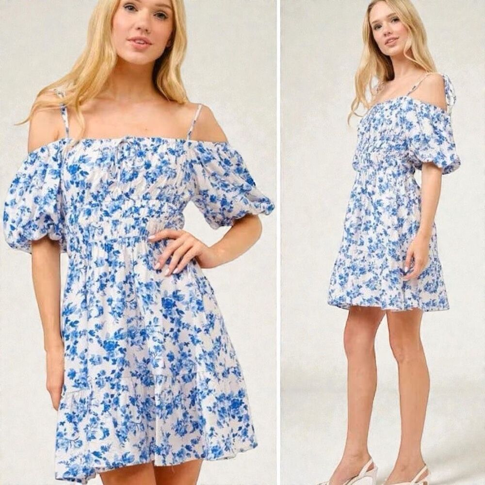 Ditsy Floral Mini Dress Blue White Off Shoulder Bubble Sleeve | and the why